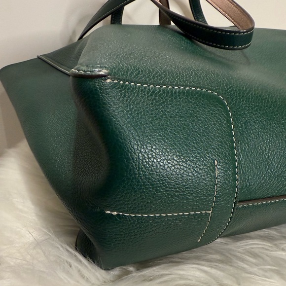 Tory Burch Perry Pebbled Leather in Green/Pink Reversible Laptop Bag Tote EUC - Picture 7 of 16